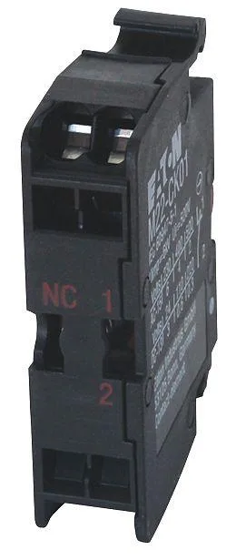 Black 22 mm Eaton contact block with 1NC momentary action and cage terminals