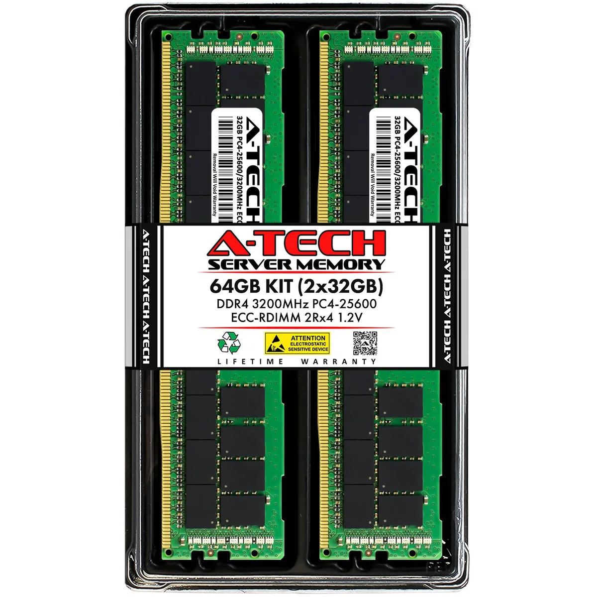 Two green DDR4 RDIMM sticks with gold contacts and black heat spreaders