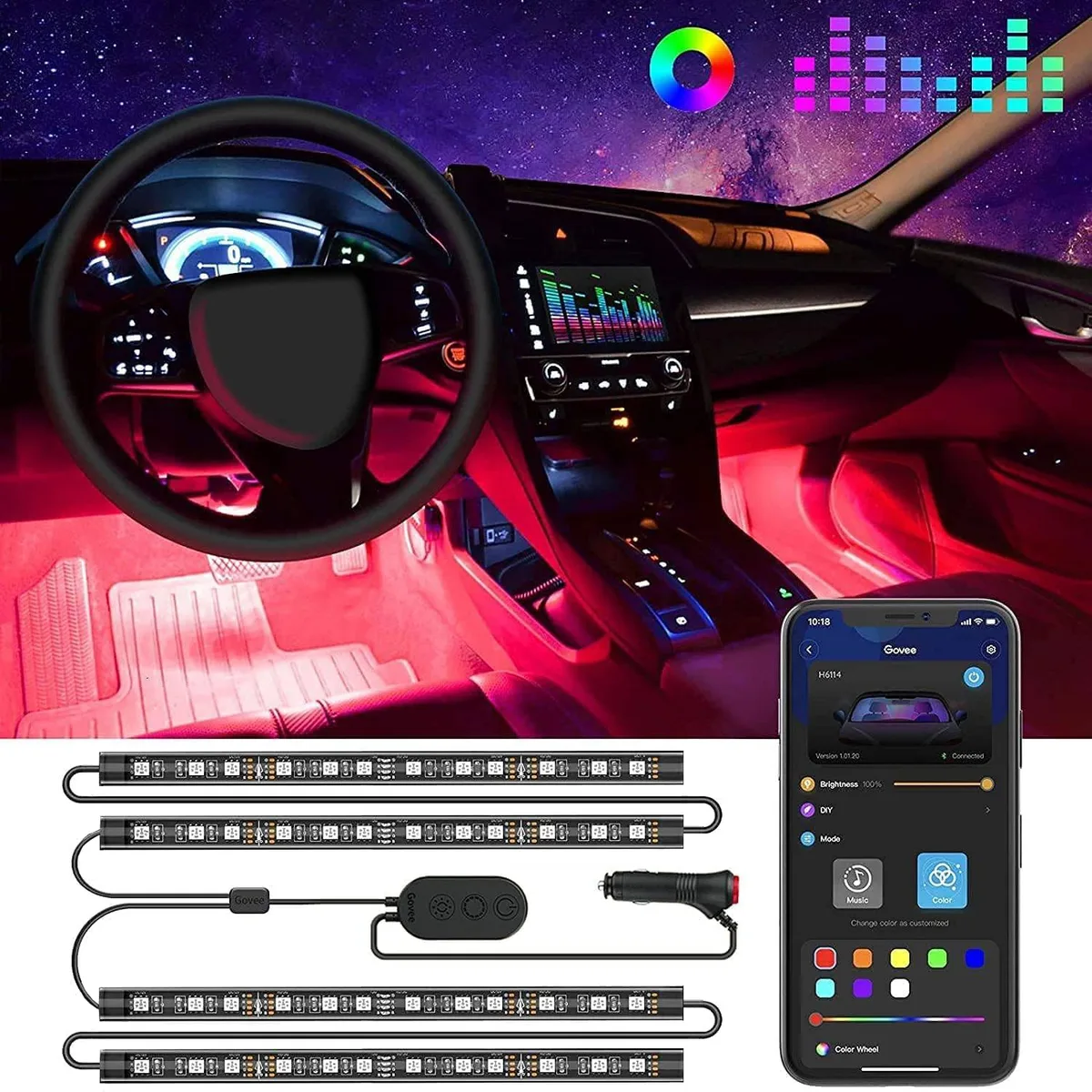  Govee H6114 Car Interior LED Light Kit 4×0.72 ft 48 LED RGB App Control — product photo