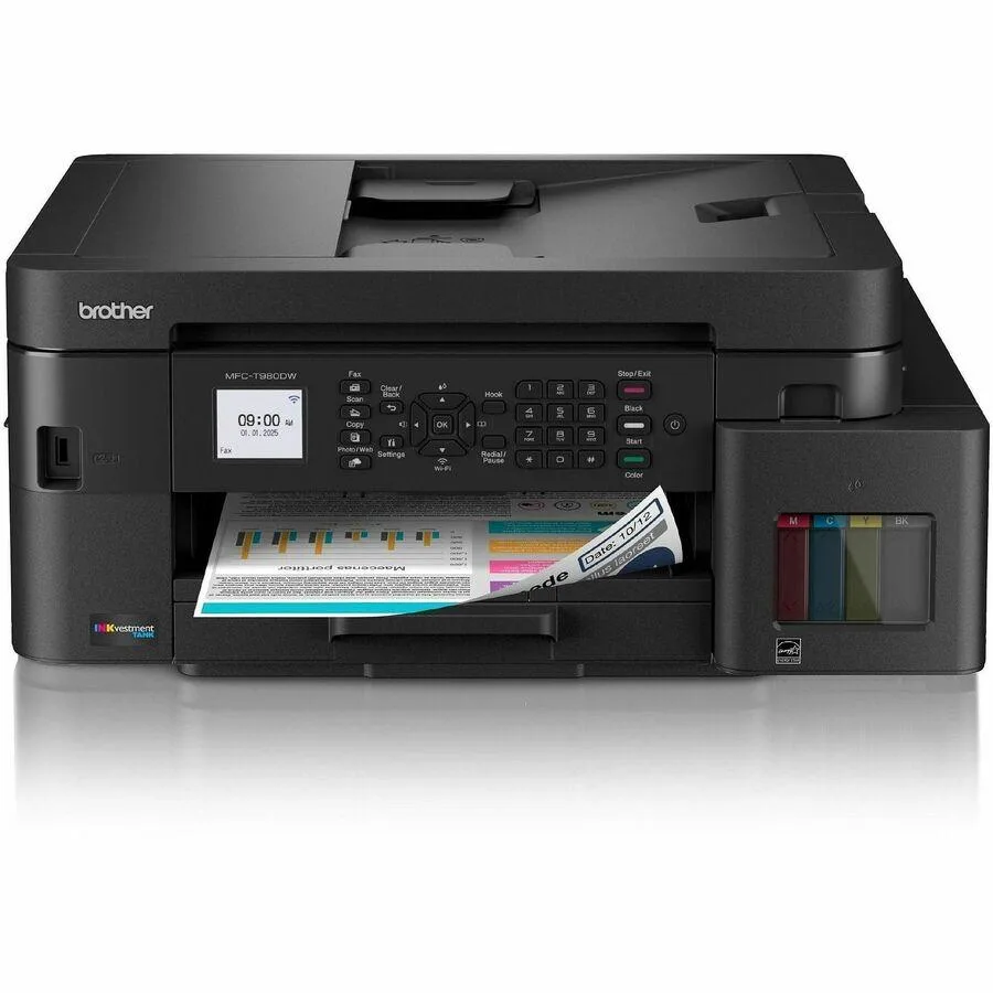White rectangular inkjet multifunction printer with front ink tanks and control panel