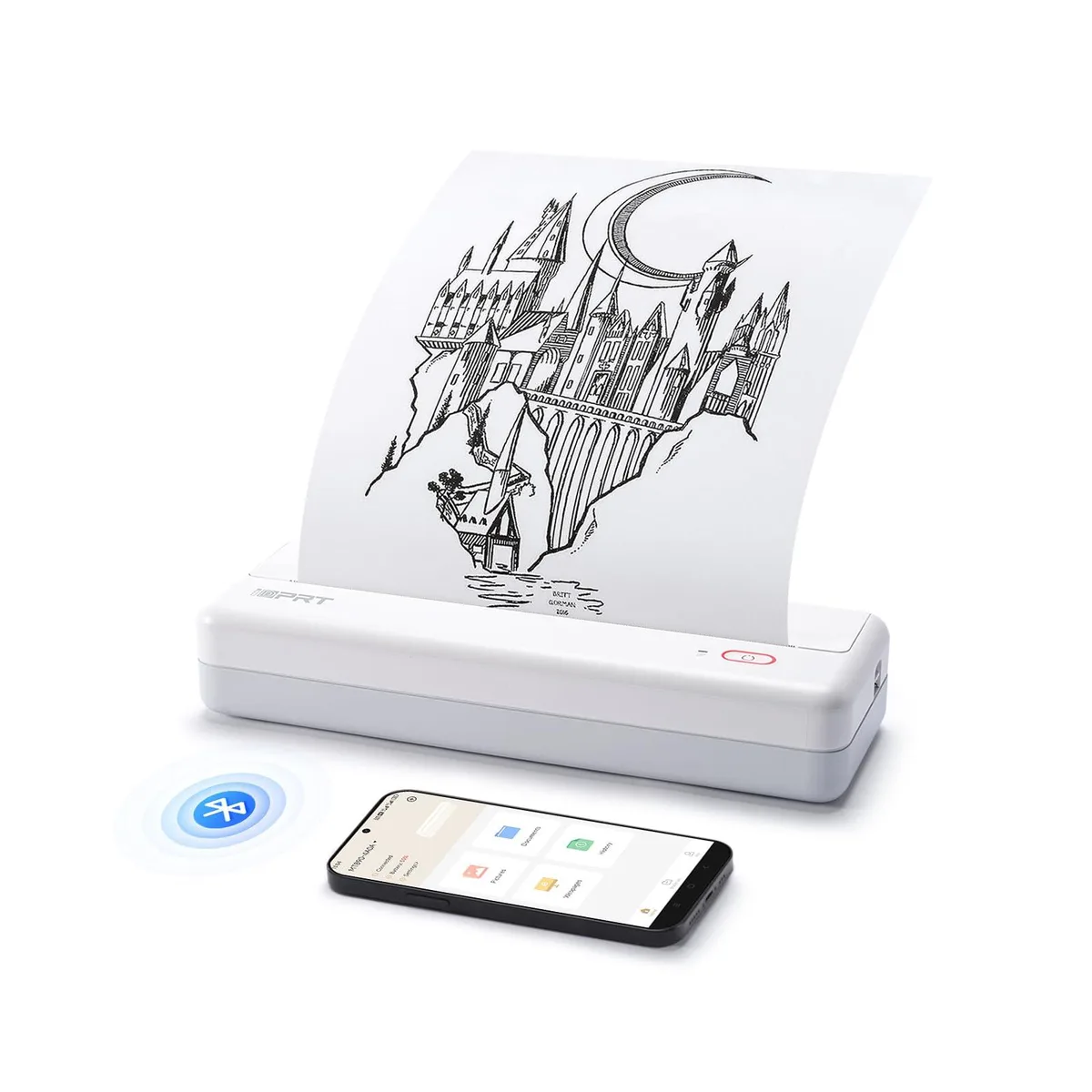 White rectangular portable thermal printer with roll paper compartment and serrated tear edge