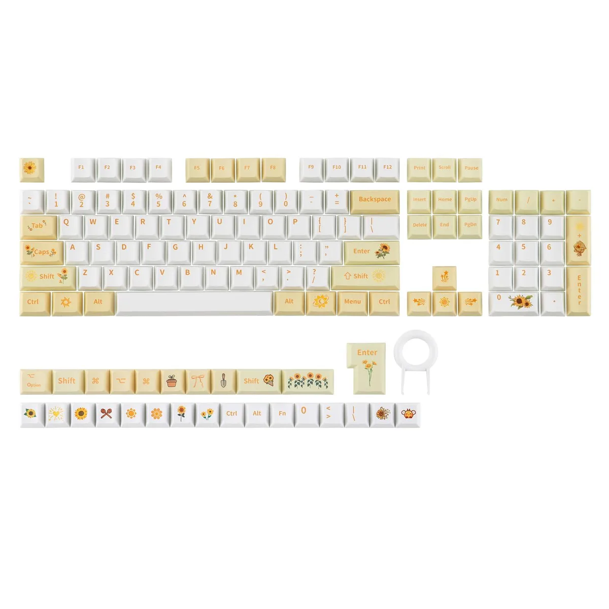 Yellow PBT keycap set with sunflower legends, 133 Cherry-profile keys in a tray
