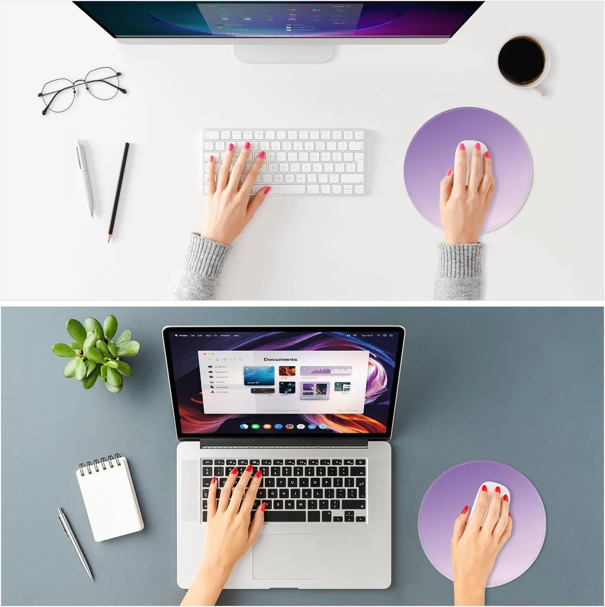 Round lavender gradient mouse pad with stitched edges, 8.7 inch diameter