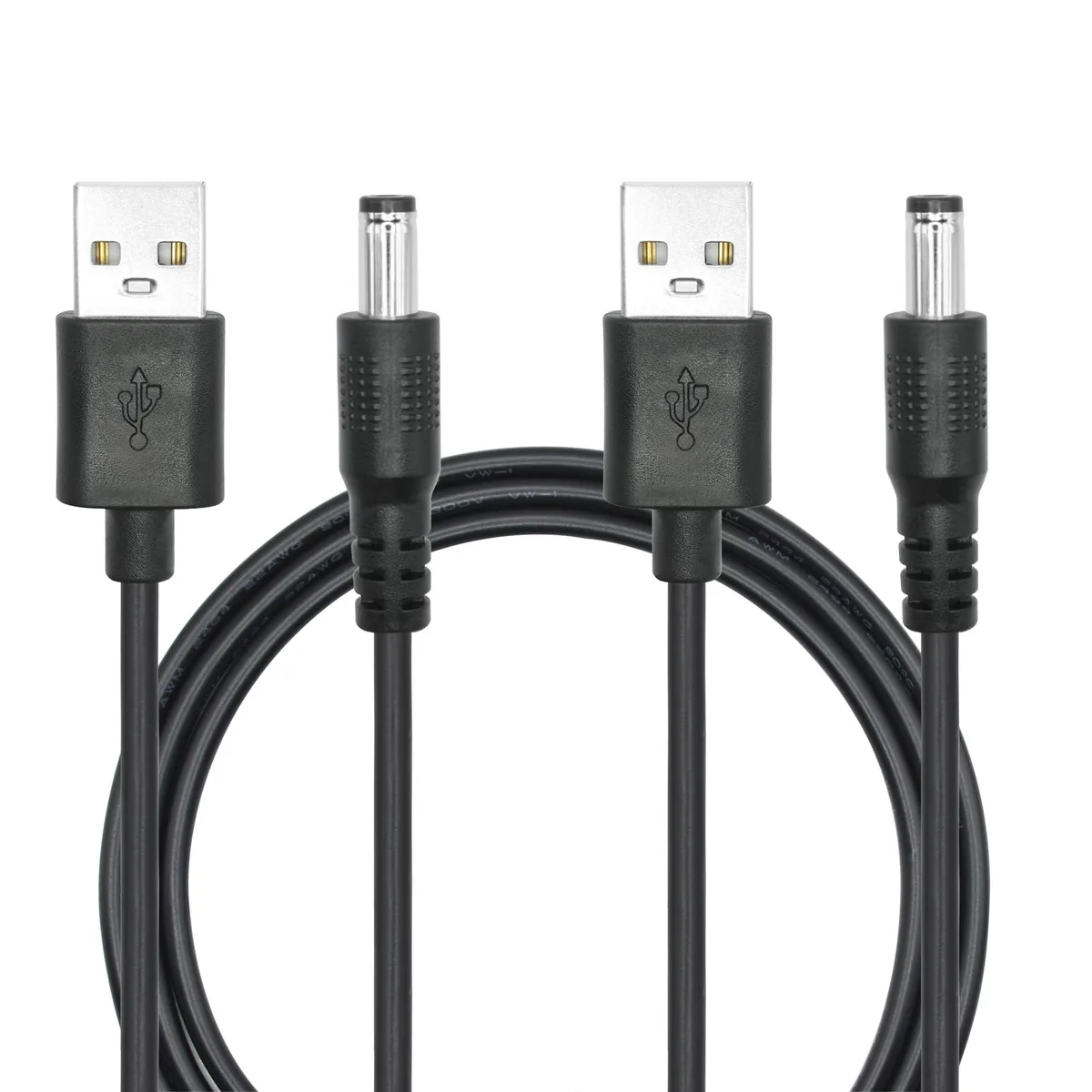 Two black USB-A to 5.5mm DC power cables, 3ft each