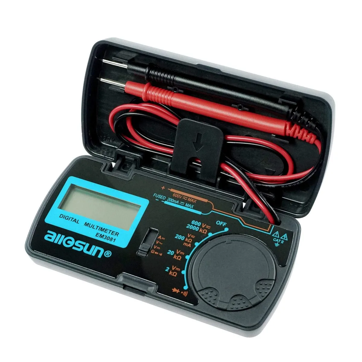 Compact folding digital multimeter with LCD display and test leads, dark grey plastic body, pocket sized