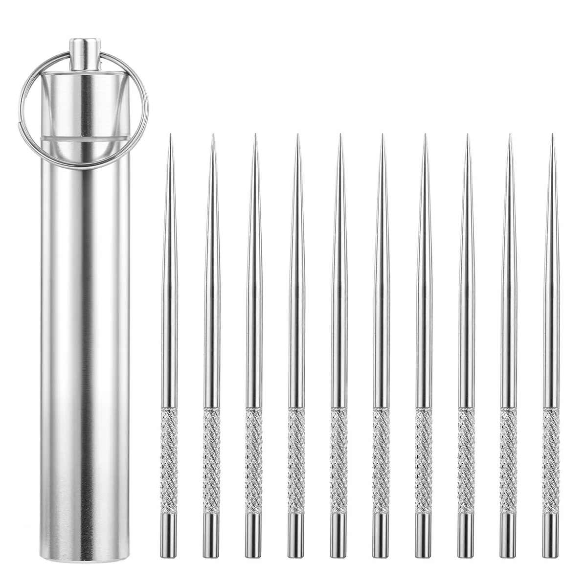 Silver aluminium tube with ten stainless steel toothpicks inside