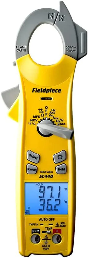 Mid-size clamp meter with dual display, heavy-duty magnet, detachable leads and alligator probe tips