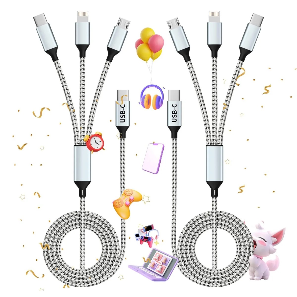 Two grey and white 4 ft USB-C 3-in-1 charging cables