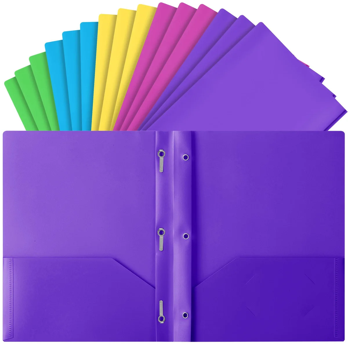 Fifteen letter-size plastic folders in grey with bright coloured pockets and prongs
