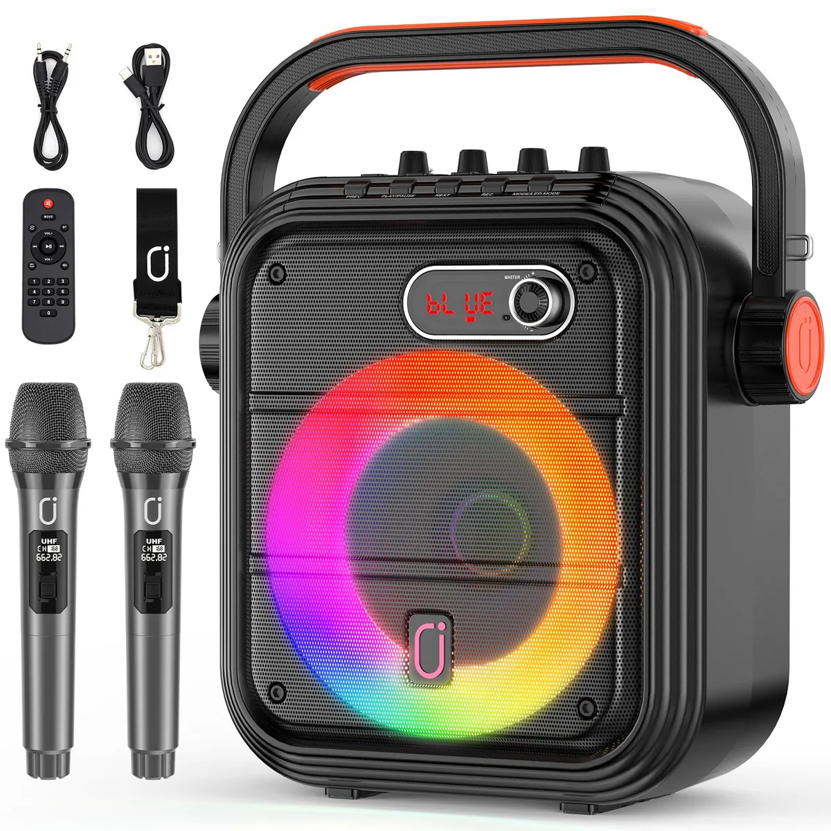JYX JYX JYX-66Pro Karaoke System with 2 UHF Wireless Microphones, RGB Light, FM Radio, 12 Hours Playtime — product photo