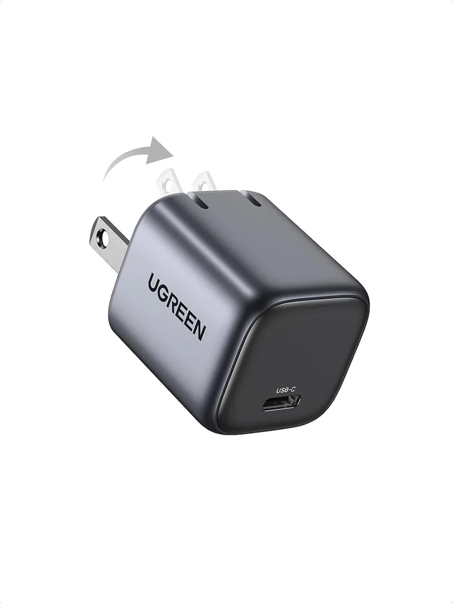 Compact black USB-C wall charger with foldable plug