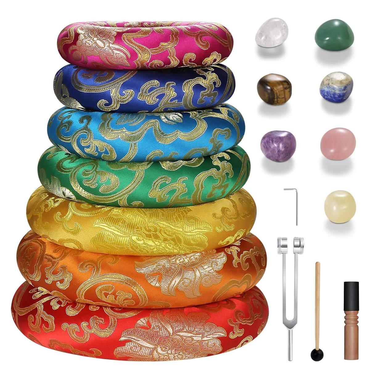 Avid Tibetan Singing Bowl Cushion Set 18 Pcs 128Hz Tuning Fork 7 Chakra Stones — product photo