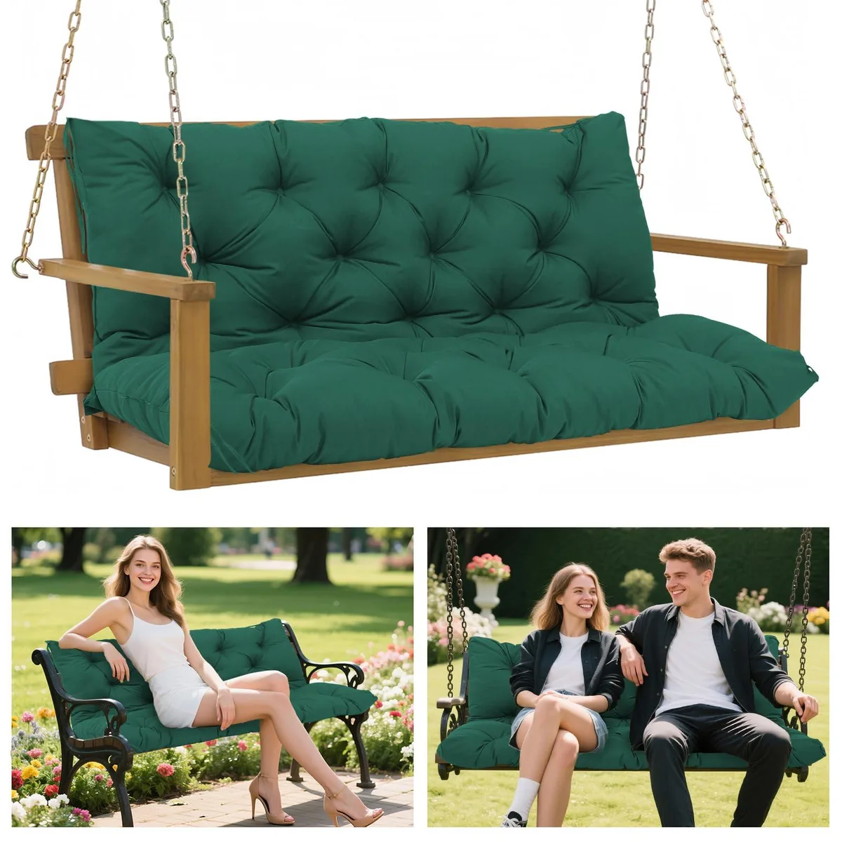 Dark green rectangular porch swing cushion with 8 non-slip ties