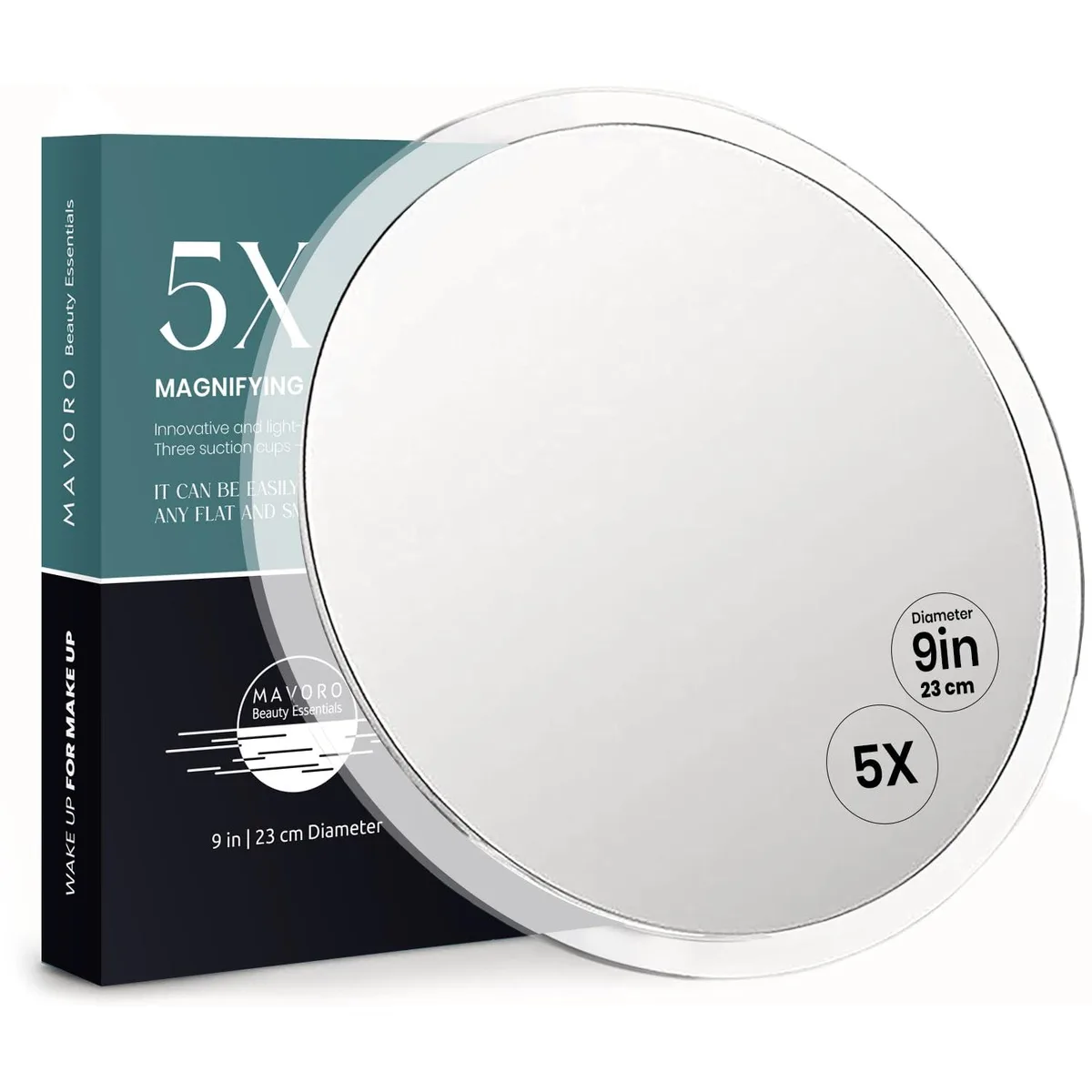 Round 9-inch magnifying mirror with black ABS frame and three suction cups