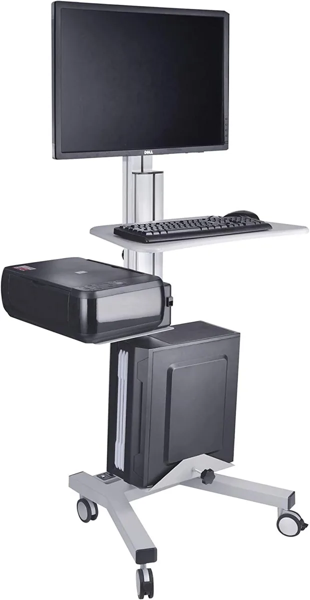 BFKK BFKK Adjustable Rolling Workstation Cart Silver 10-24" Monitor Mount 44lb Shelves 45° Tilt 360° Rotate — product photo