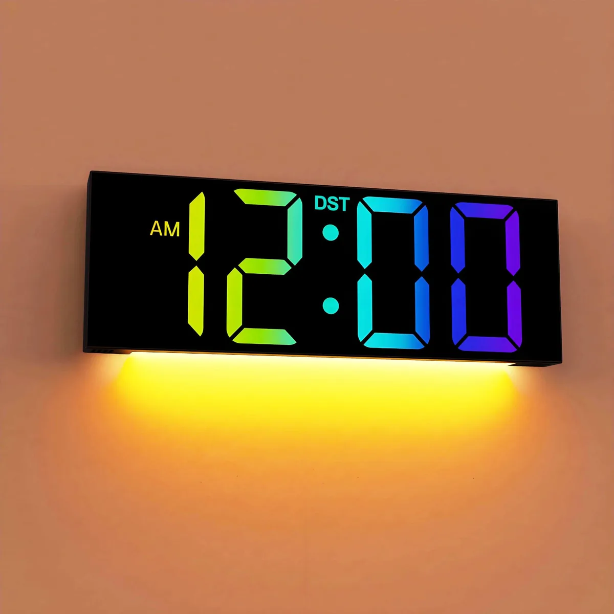 Black 12-inch rectangular digital wall clock with large LED display and remote control