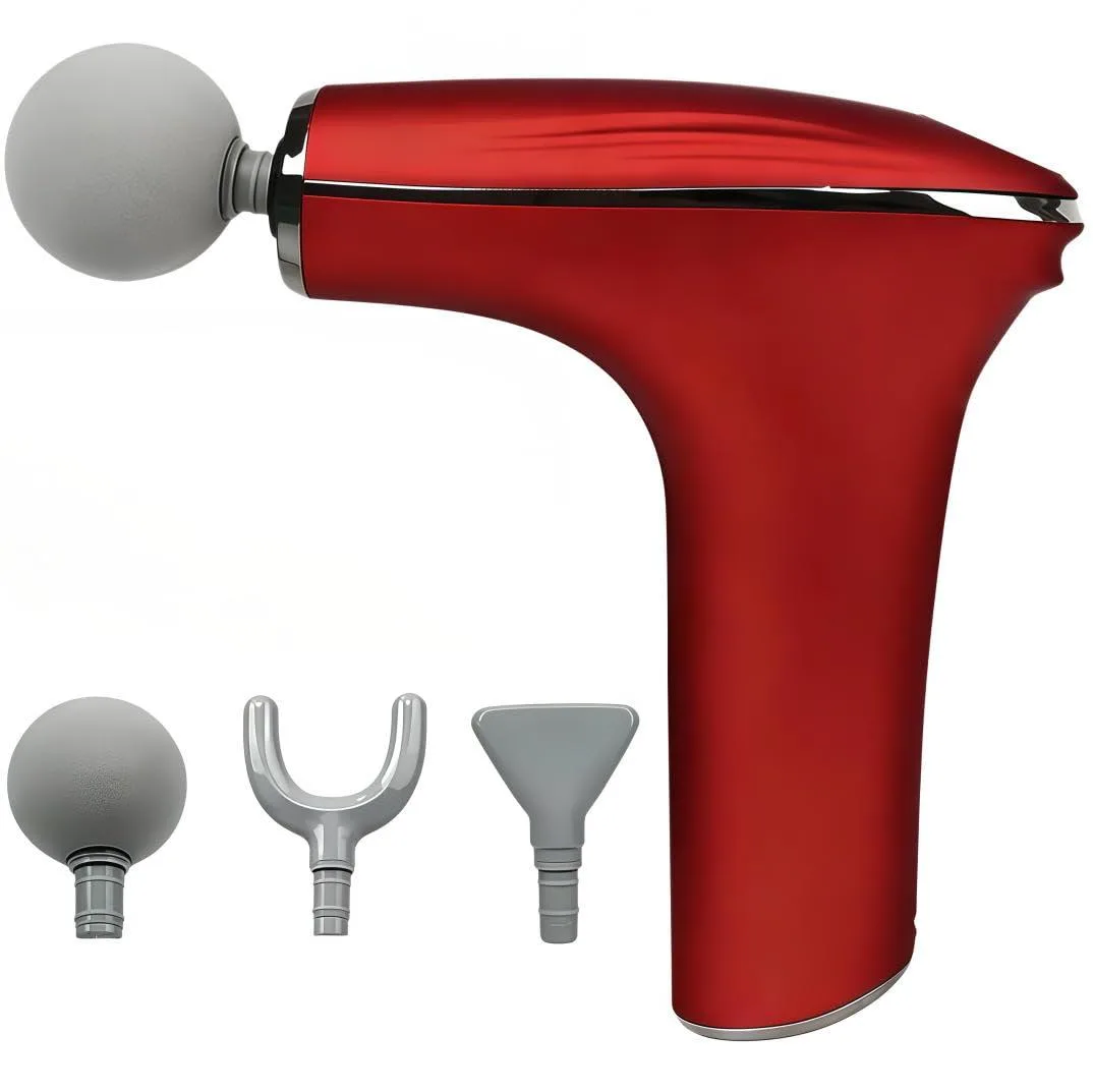 Blue handheld massage gun with textured grip and interchangeable heads
