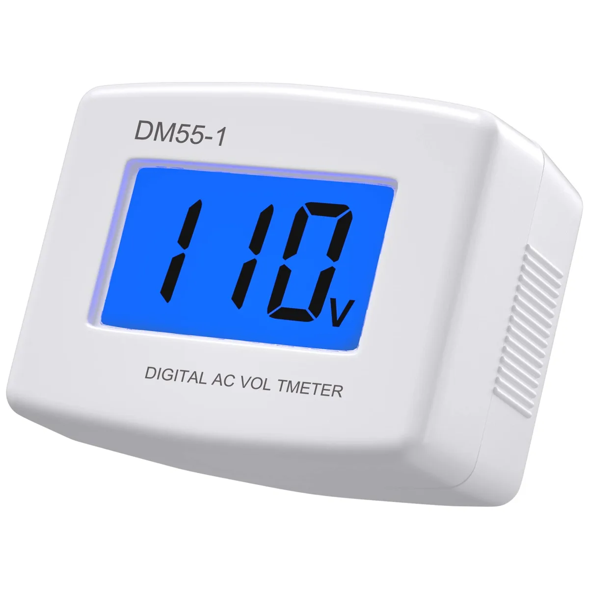 White rectangular LCD voltmeter with flat US plug prongs, 7.5 by 4.8 by 1 inches