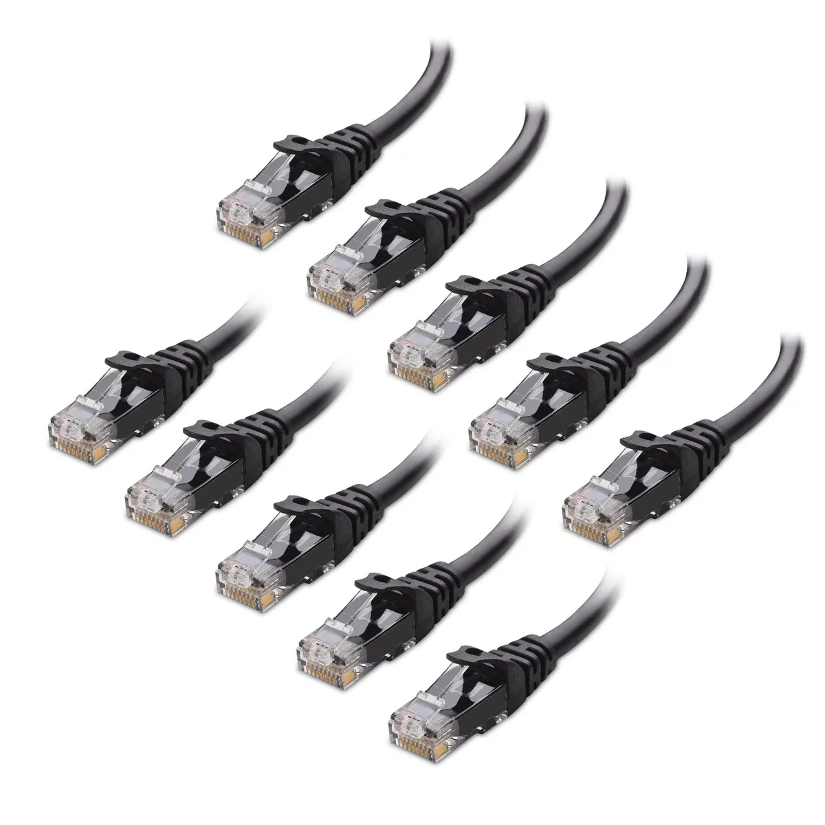 Ten black Cat 6 Ethernet cables coiled together, RJ45 connectors with gold contacts and strain-relief boots
