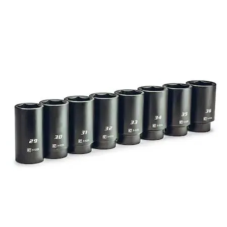 Eight-piece 1/2-inch drive deep impact socket set 29 to 36 mm