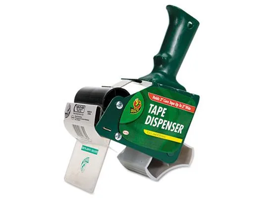 Green metal tape dispenser with wide roller core