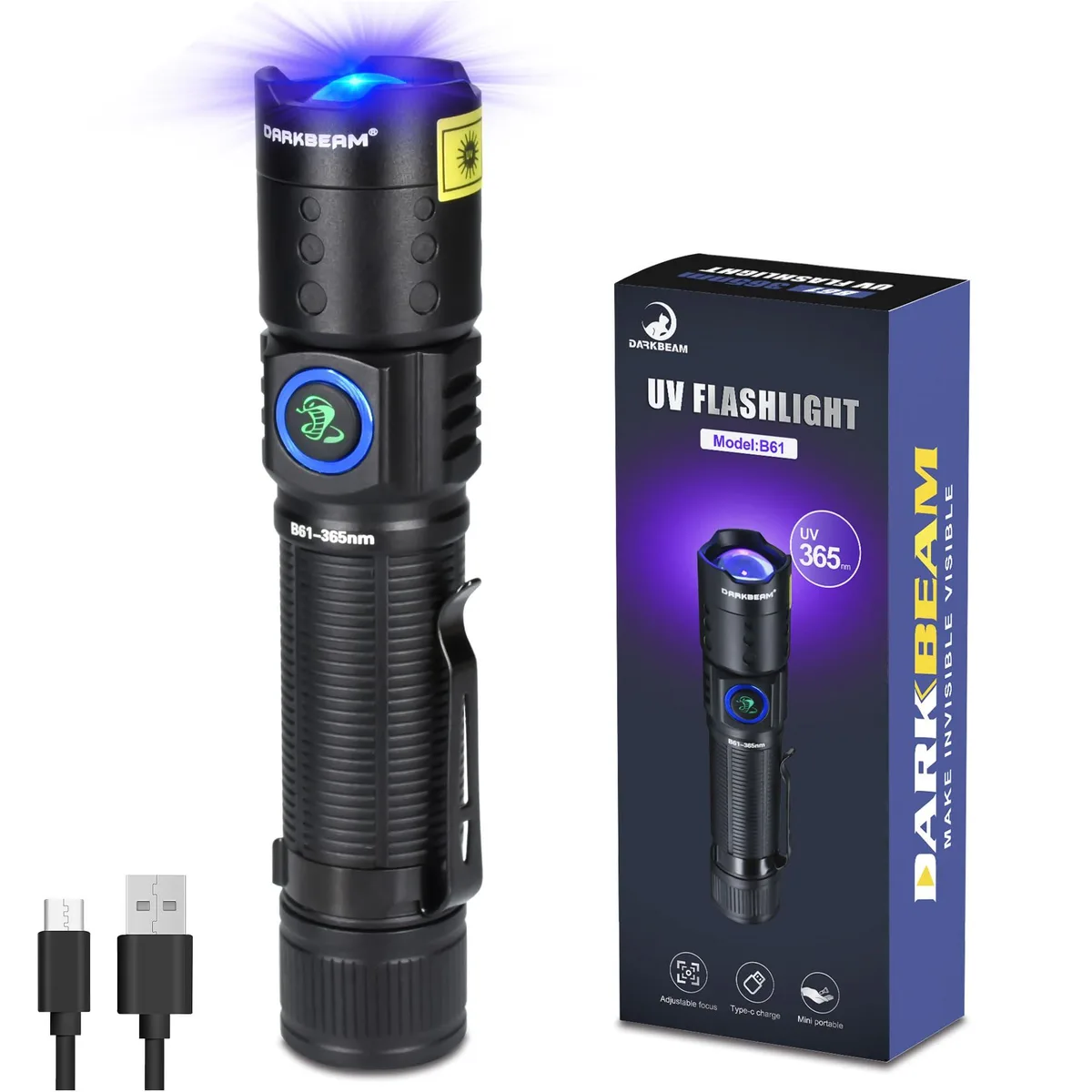Black aluminium UV flashlight, 5.05 inches long, pocket clip, USB-C port