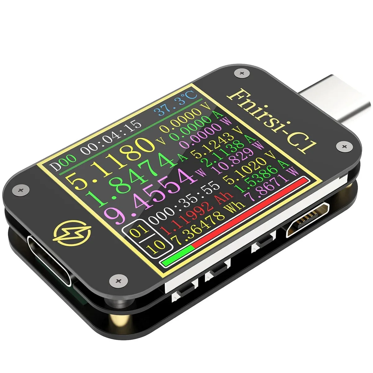 Compact USB-C power meter with digital display and Bluetooth antenna