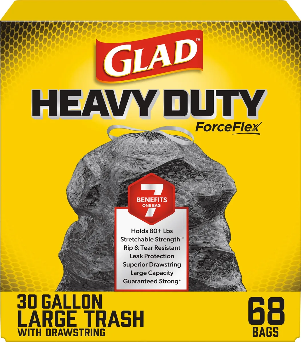 Box of 68 black 30-gallon ForceFlex drawstring trash bags