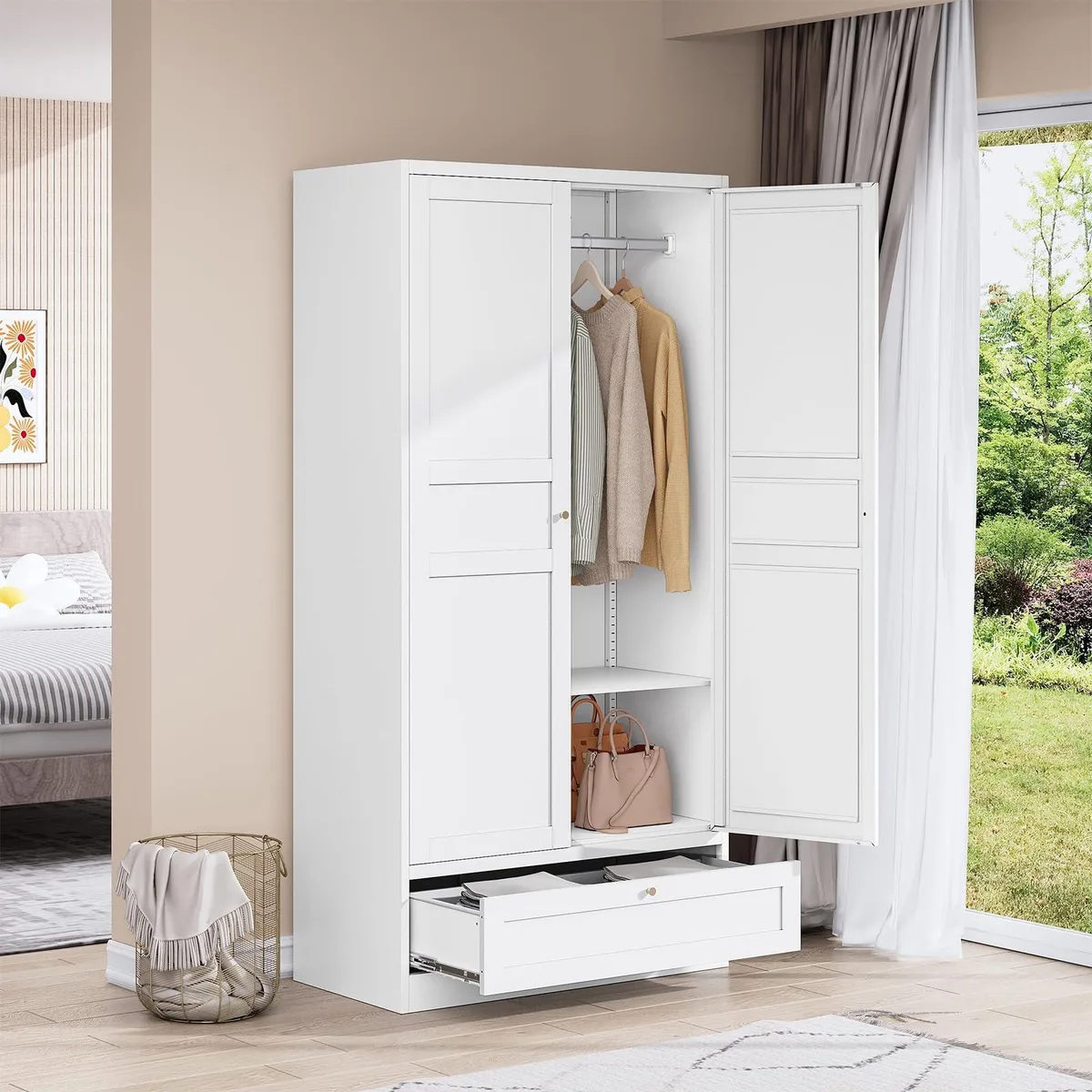 White metal wardrobe with two doors and a drawer, 72" tall