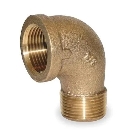 A brass 90-degree street elbow with threaded ends