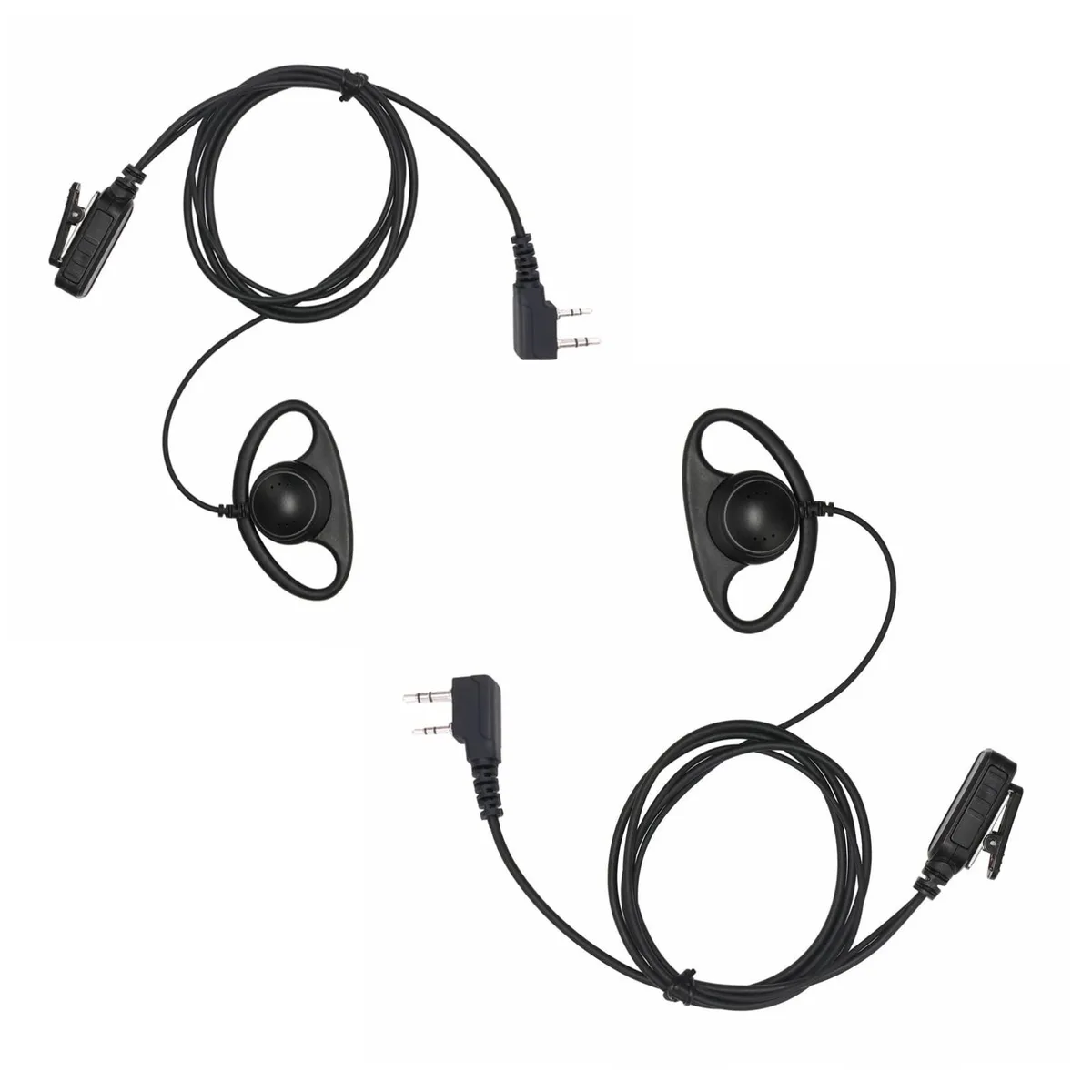 Two black D-shaped earpieces with inline PTT microphone and metal clips, coiled PU cables ending in two-pin connectors