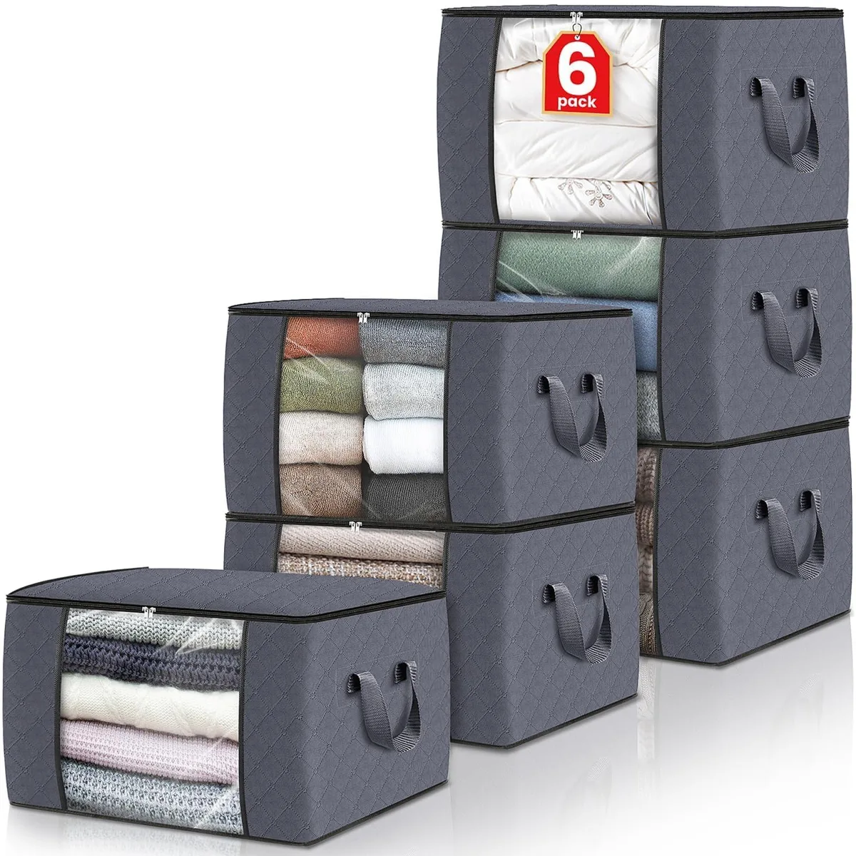 Six fabric storage bags with clear windows and zipper lids, folded flat