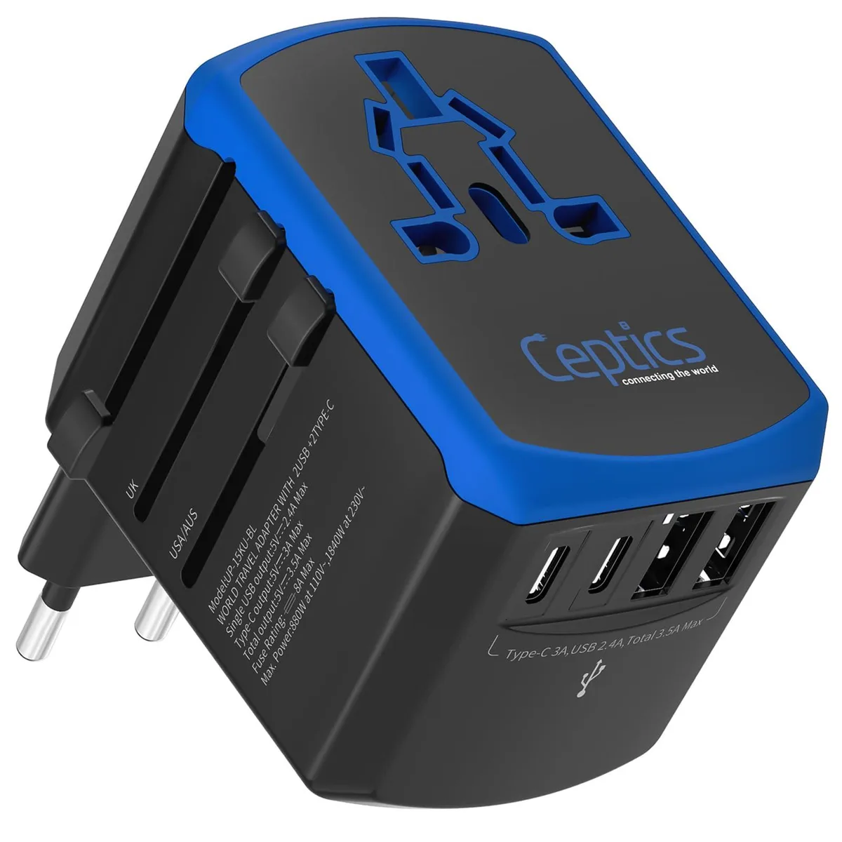 ICS UP-15KU-BL universal travel adapter 2 USB-A 2 USB-C blue — product photo