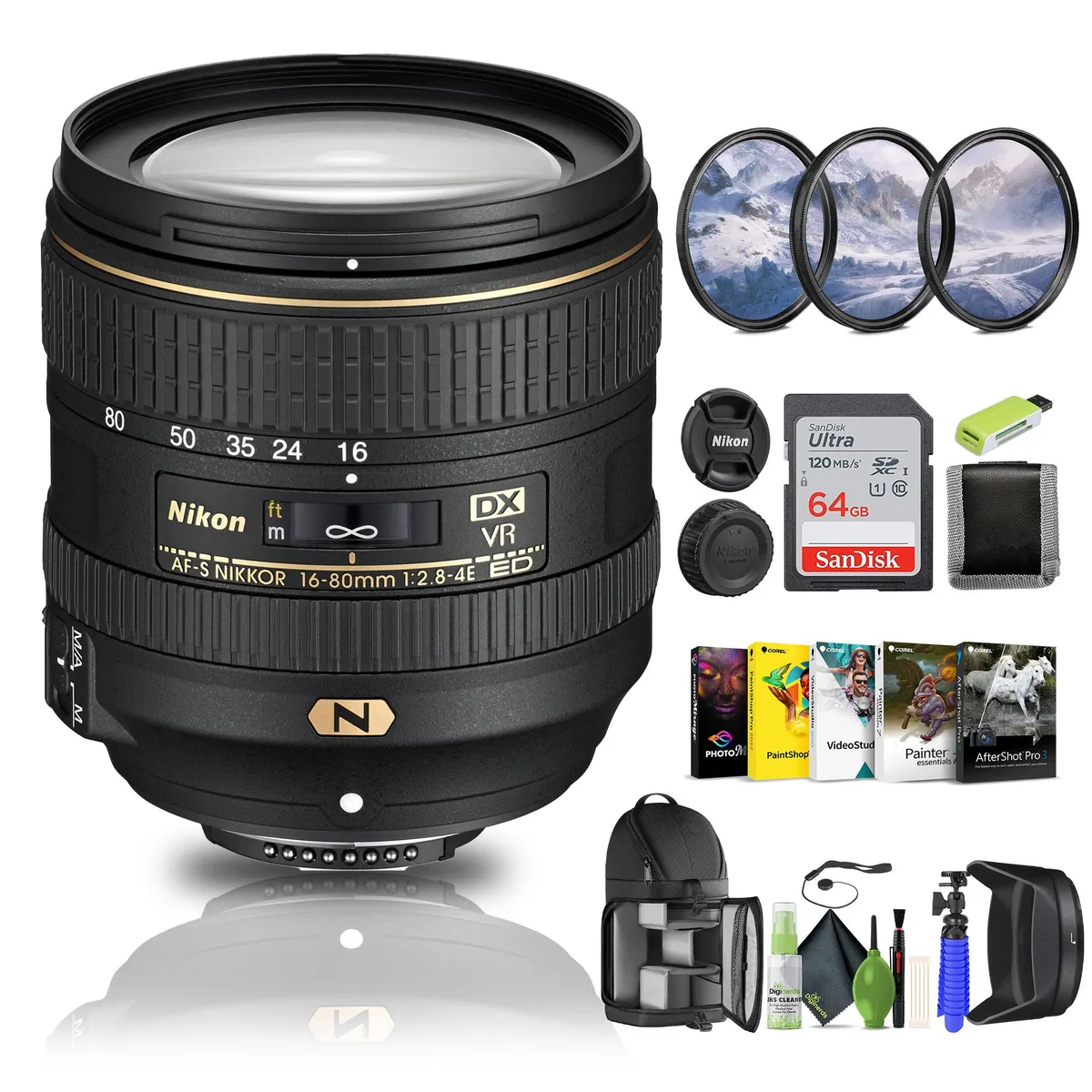 Nikon Inc Nikon AF-S DX NIKKOR 16-80mm f/2.8-4E ED VR camera lens bundle — product photo