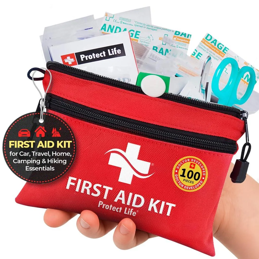 Compact red first-aid case with waterproof hard shell, 100-piece medical kit inside
