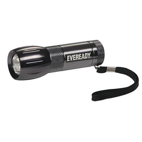 Silver metal compact flashlight with LED bulb