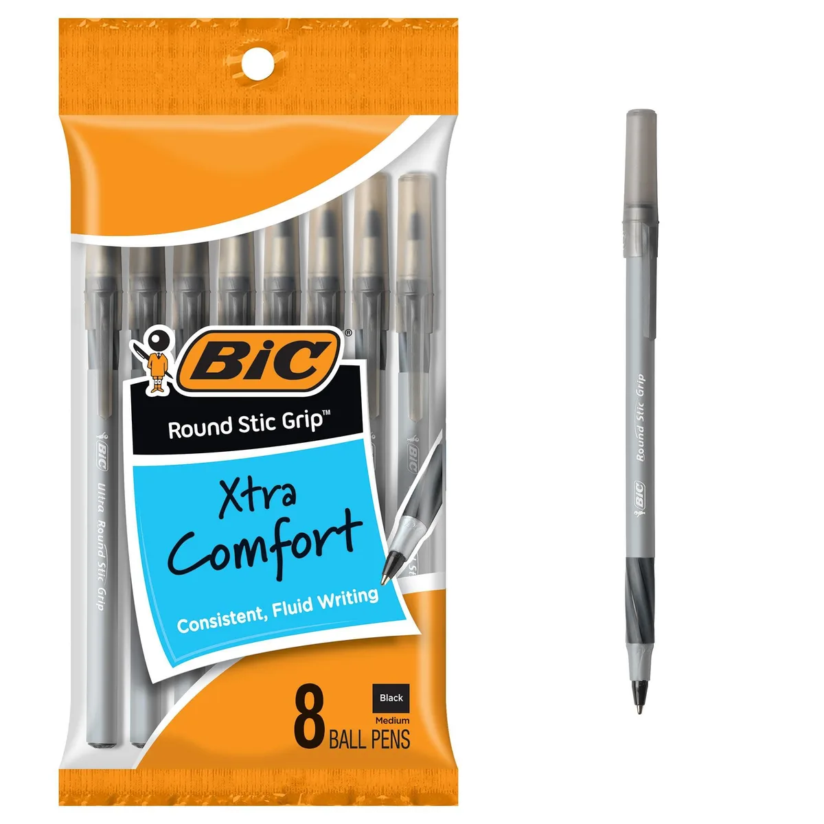 Eight black ballpoint pens with soft grips in a pack