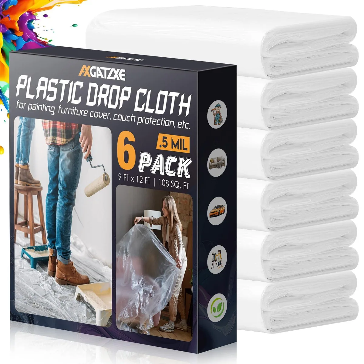 Six folded 12 by 9 foot clear plastic drop cloths in a pack