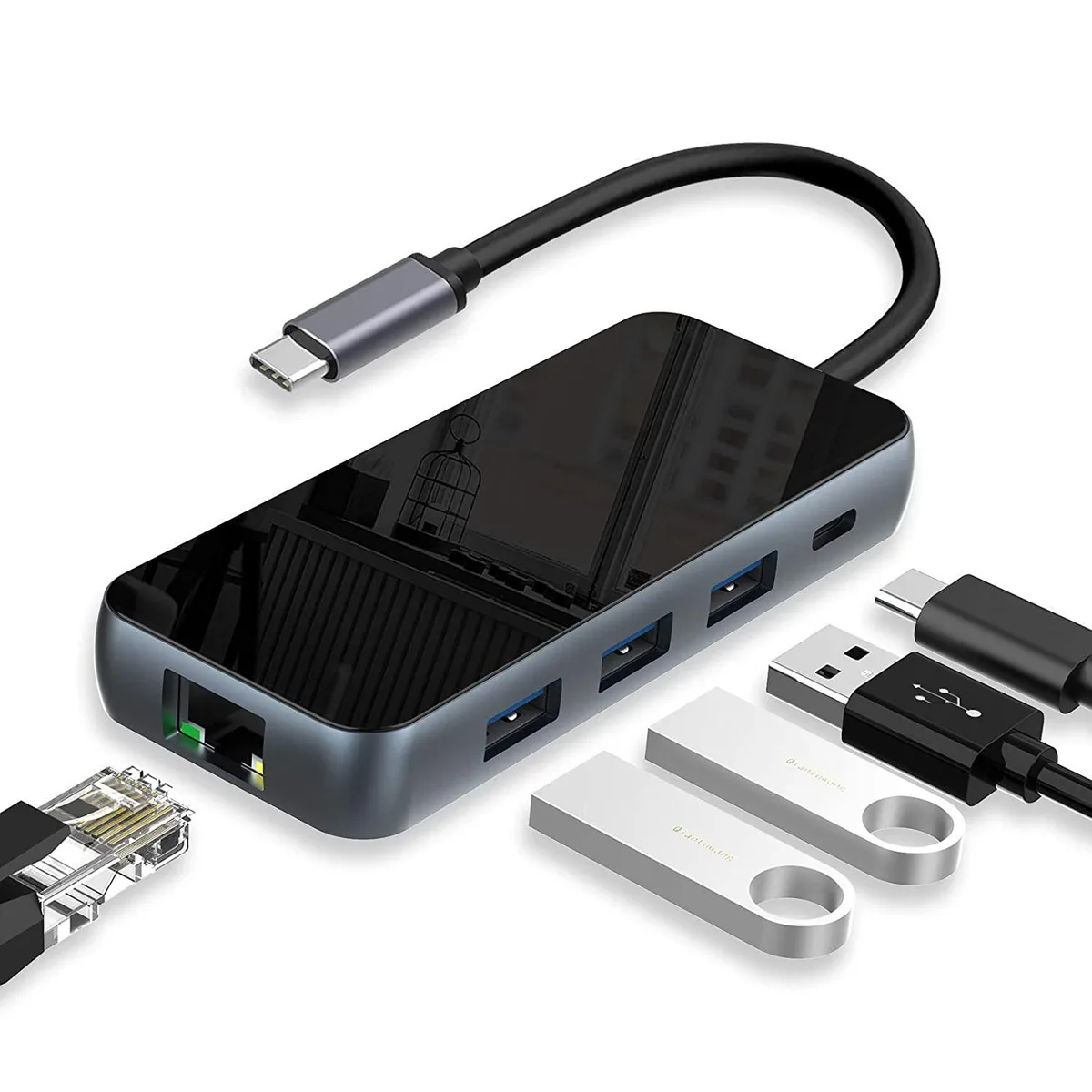 Thinkstar Thinkstar 5In1 USB-C 5-in-1 hub 3×USB 3.0 Gigabit Ethernet 87W PD charging — product photo