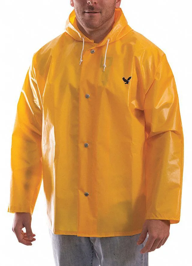 Yellow hip-length rain jacket with attached hood and snap front closure