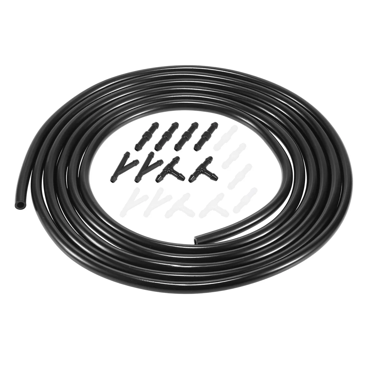 Black rubber windshield washer hose coil with assorted white plastic Y, T and I connectors