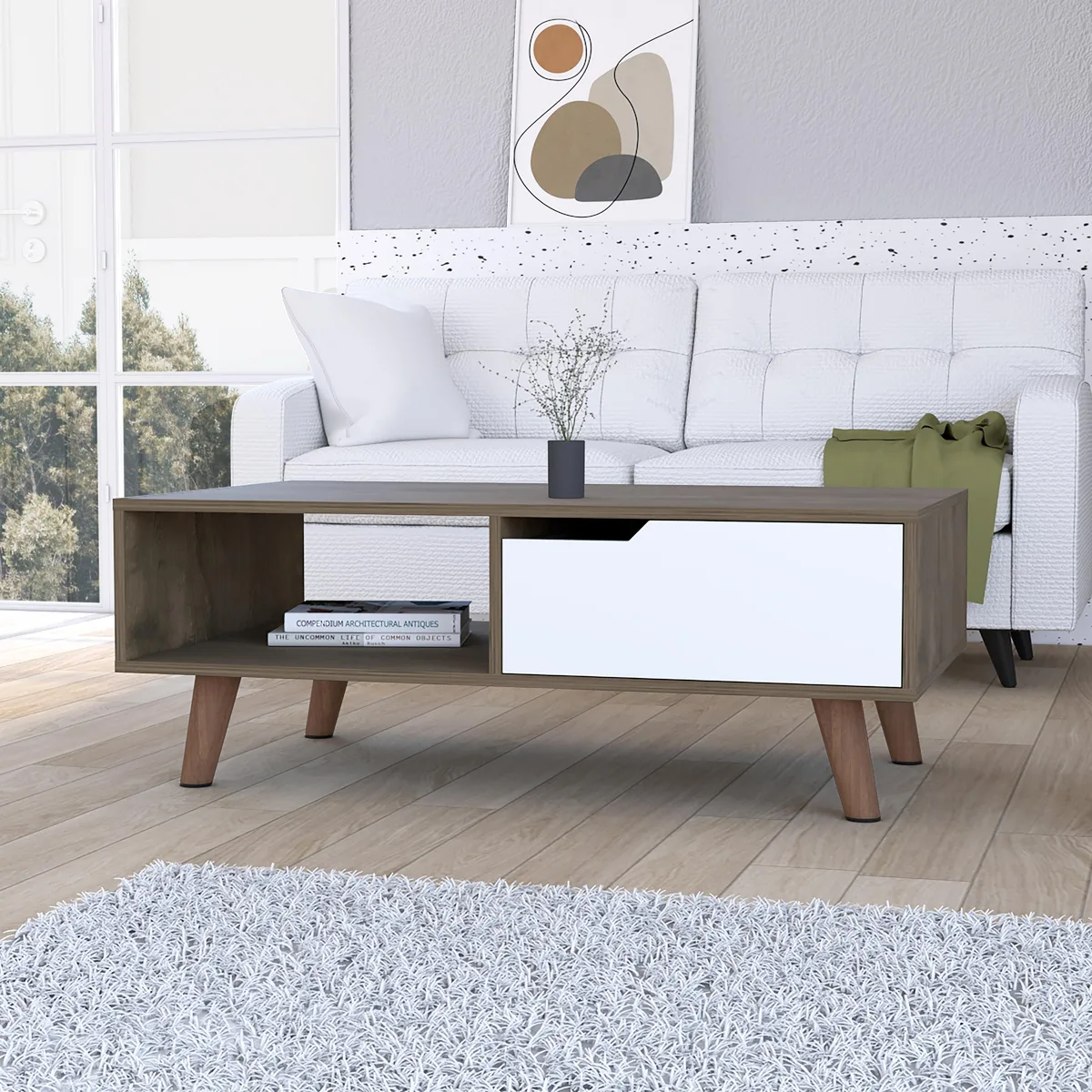 Rectangular coffee table with multicolor engineered wood finish, open shelf and drawer