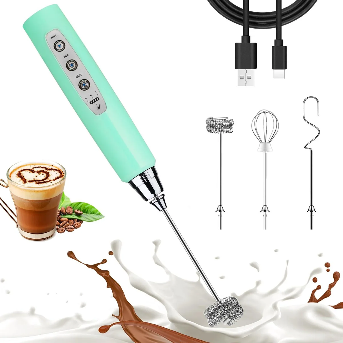  Brentwood JDMF2022 Nahida Milk Frother Wand 1500mAh USB Rechargeable 3 Heads 3 Speeds 120V 0.5lb — product photo