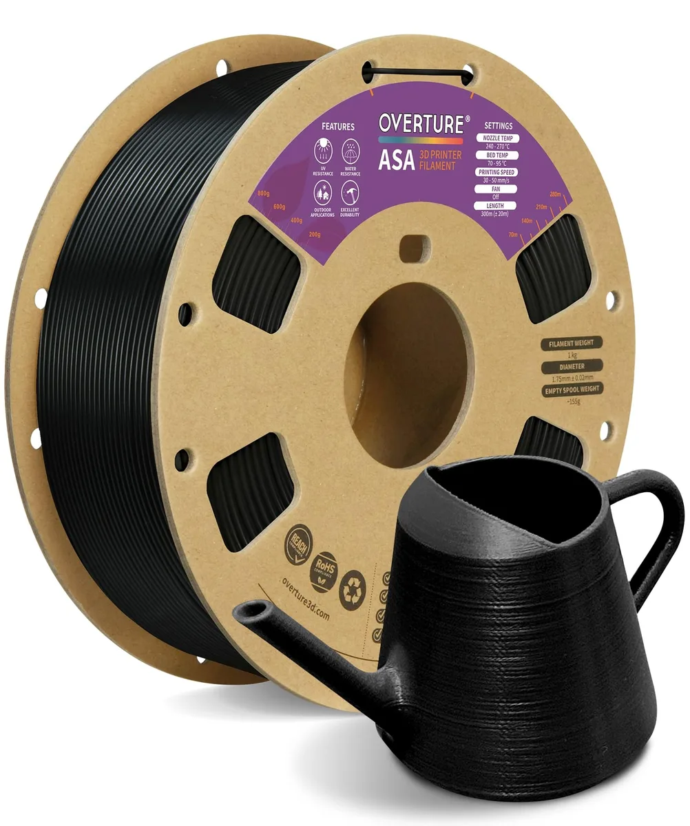 Black 1.75 mm ASA filament spool in vacuum-sealed foil packaging
