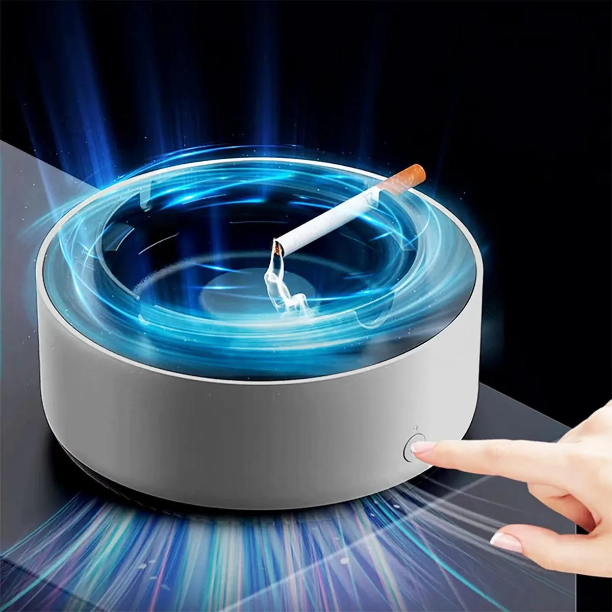 Grey cylindrical ashtray with perforated lid and silicone feet