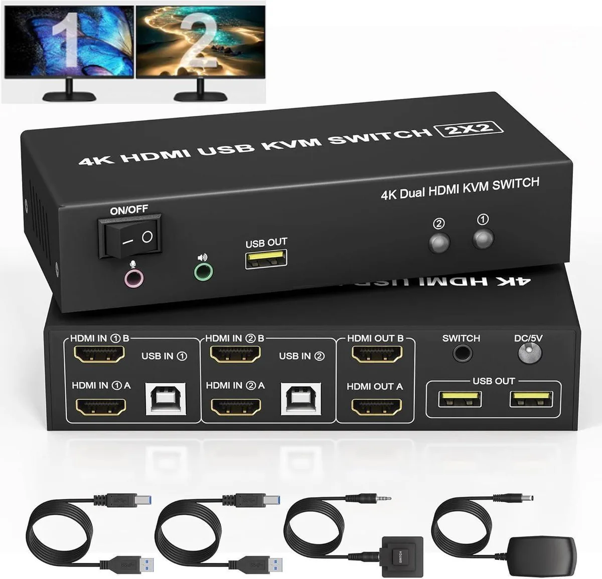 Vszerda Vszerda Dual Monitor KVM Switch 2 Port 4K@60Hz HDMI 3 USB 2.0 — product photo