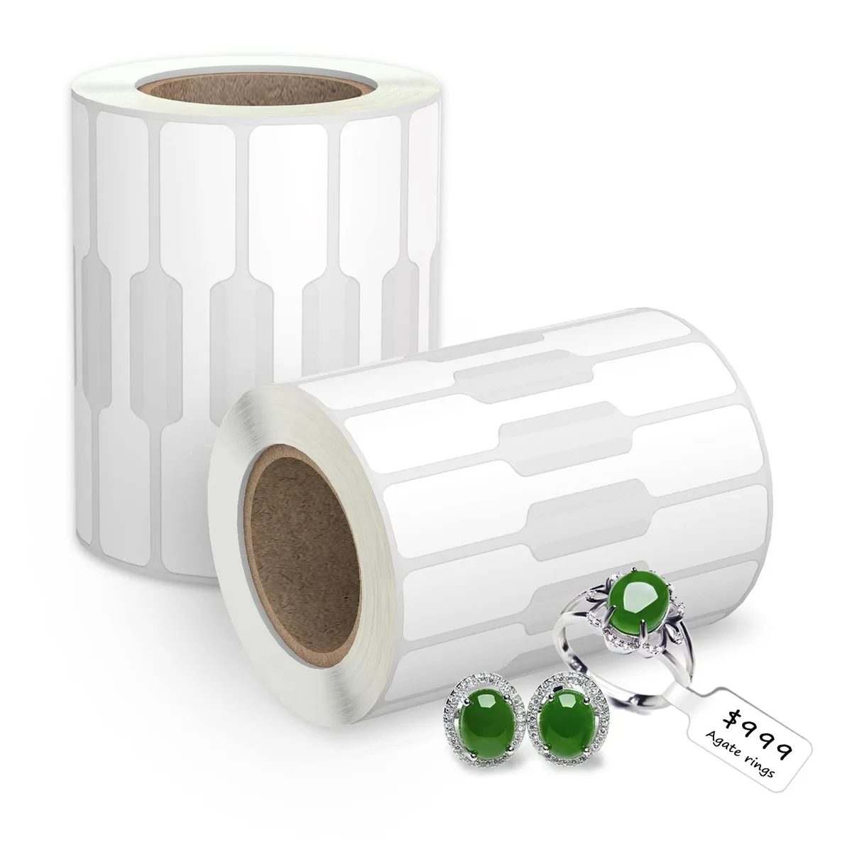 Two rolls of white rectangular adhesive jewelry tags, 1000 pieces total