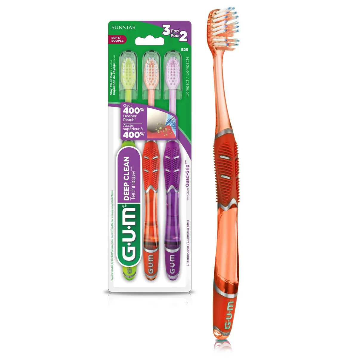 Three compact soft toothbrushes in assorted colours with quad-grip handles