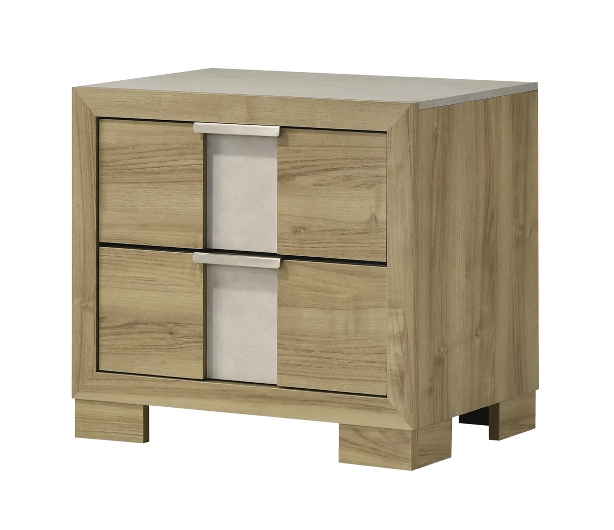 Driftwood nightstand with two drawers and metal pulls