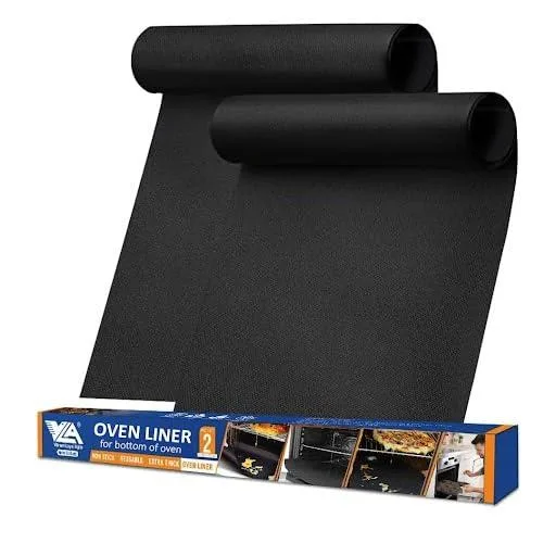 Two black rectangular oven liners, 17 by 25 inches, non-stick silicone finish